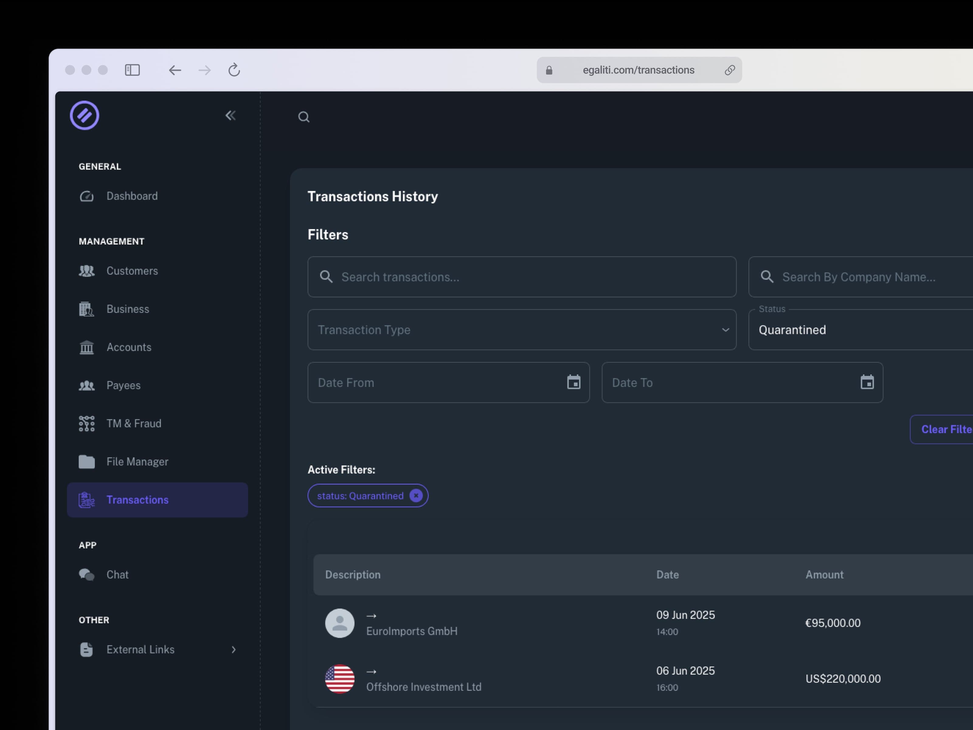 Egaliti Quarantined Transactions